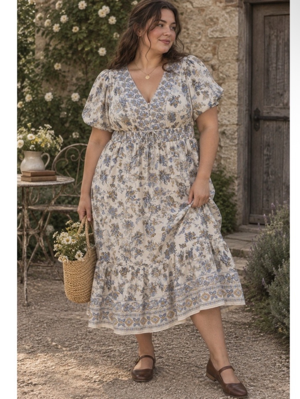 LÉA Prairie Cottagecore Peasant Midi Dress